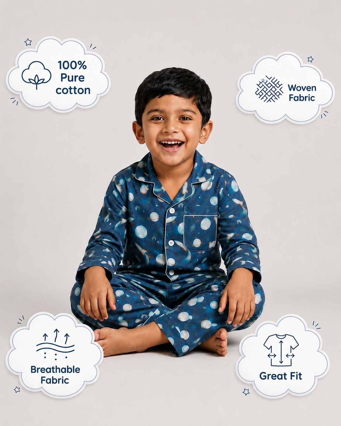 Astronaut Space Print Cotton Pyjama Set for Kids | Full Sleeve Night Suit | 1-14 Yrs