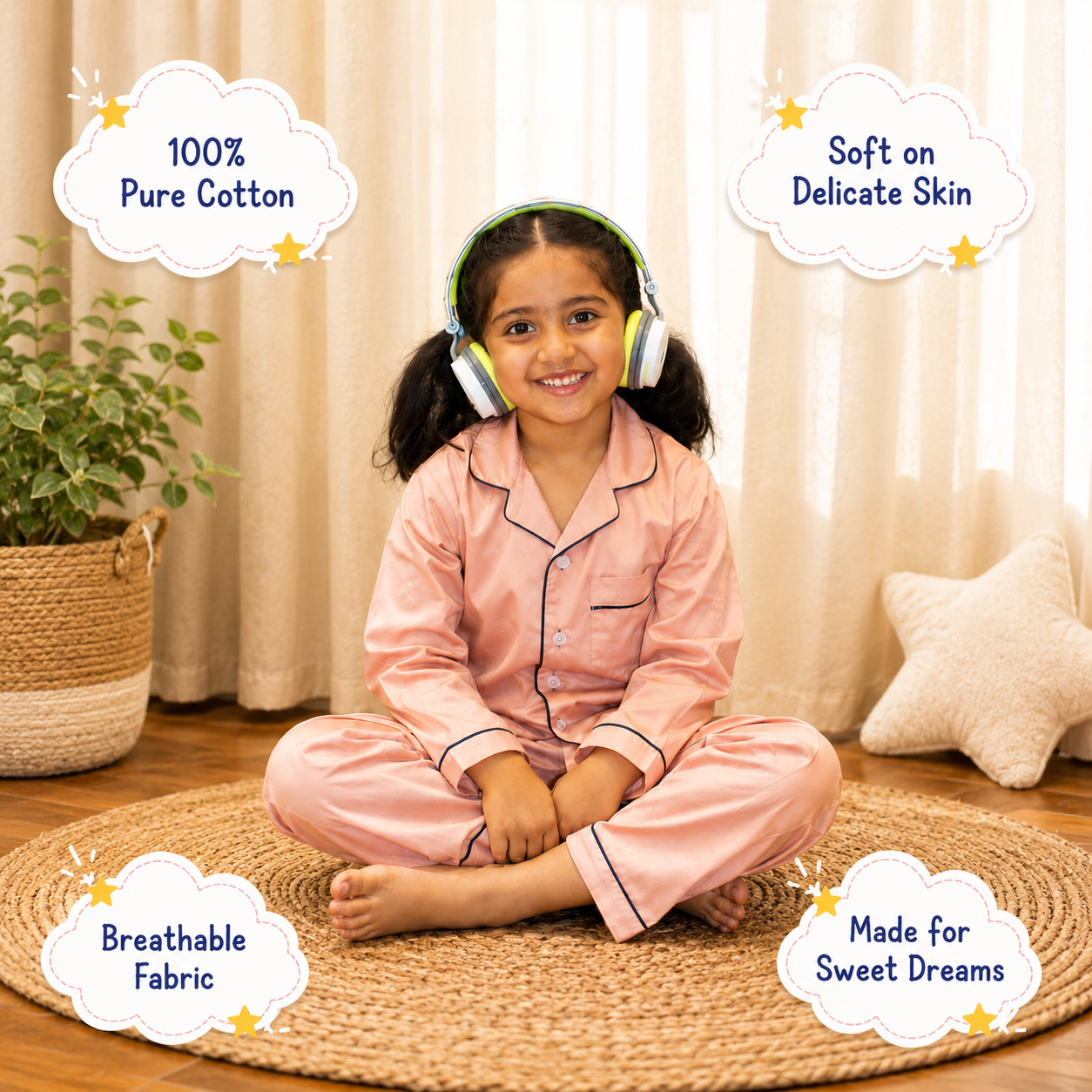 Peach Cotton Pyjama Set for Kids