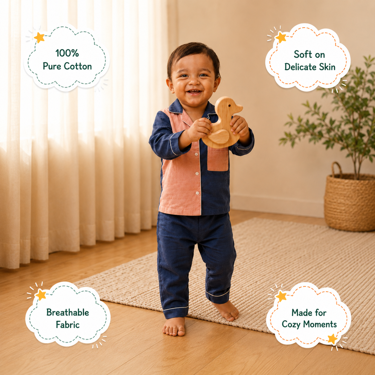 Twilight Blue & Peach Colour-Block Cotton Pyjama Set for Kids