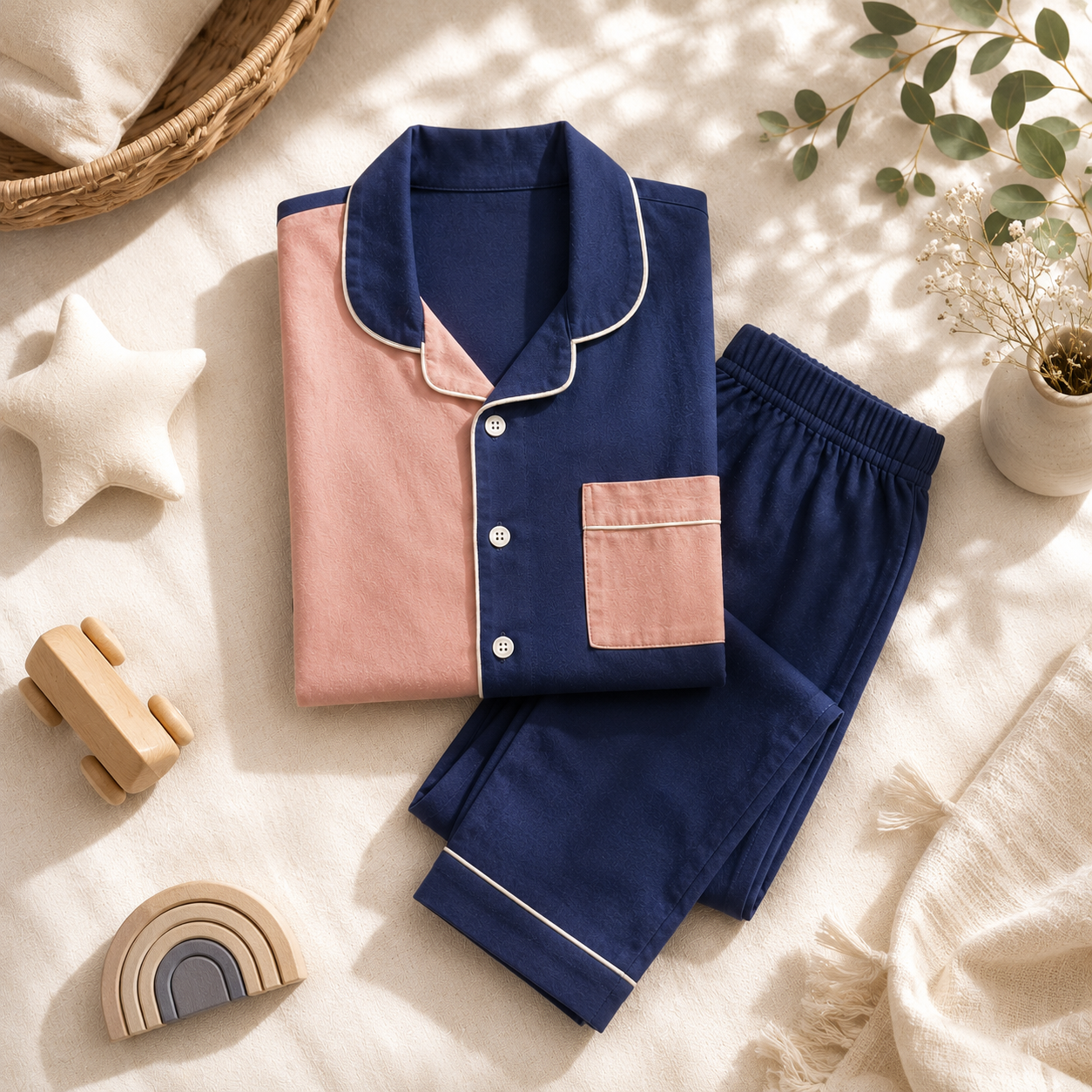 Twilight Blue & Peach Colour-Block Cotton Pyjama Set for Kids