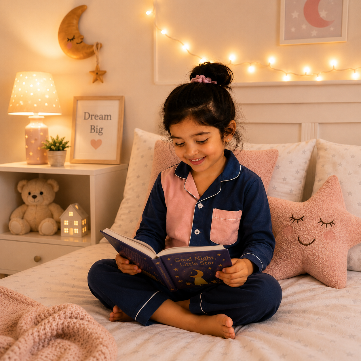 Twilight Blue & Peach Colour-Block Cotton Pyjama Set for Kids