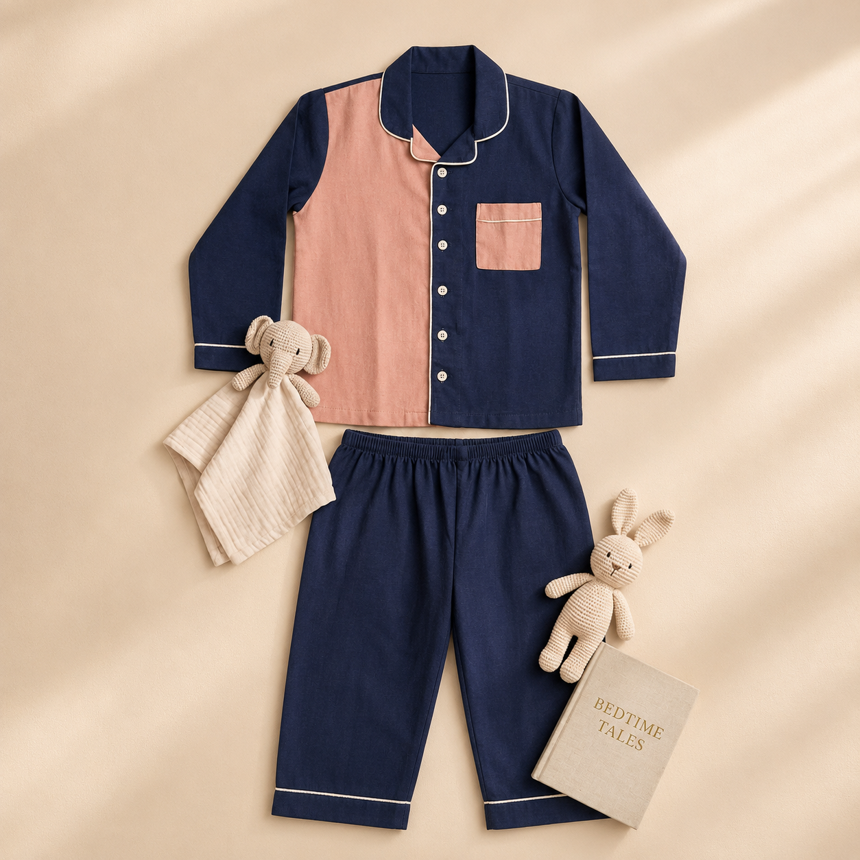 Twilight Blue & Peach Colour-Block Cotton Pyjama Set for Kids