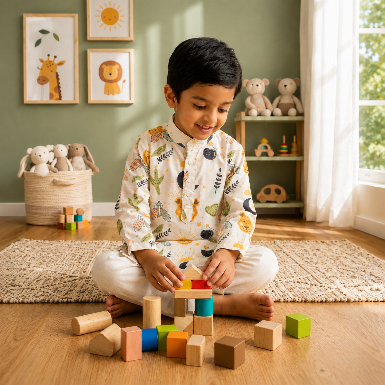Wild Roar Cotton Kurta Pyjama Set for Kids