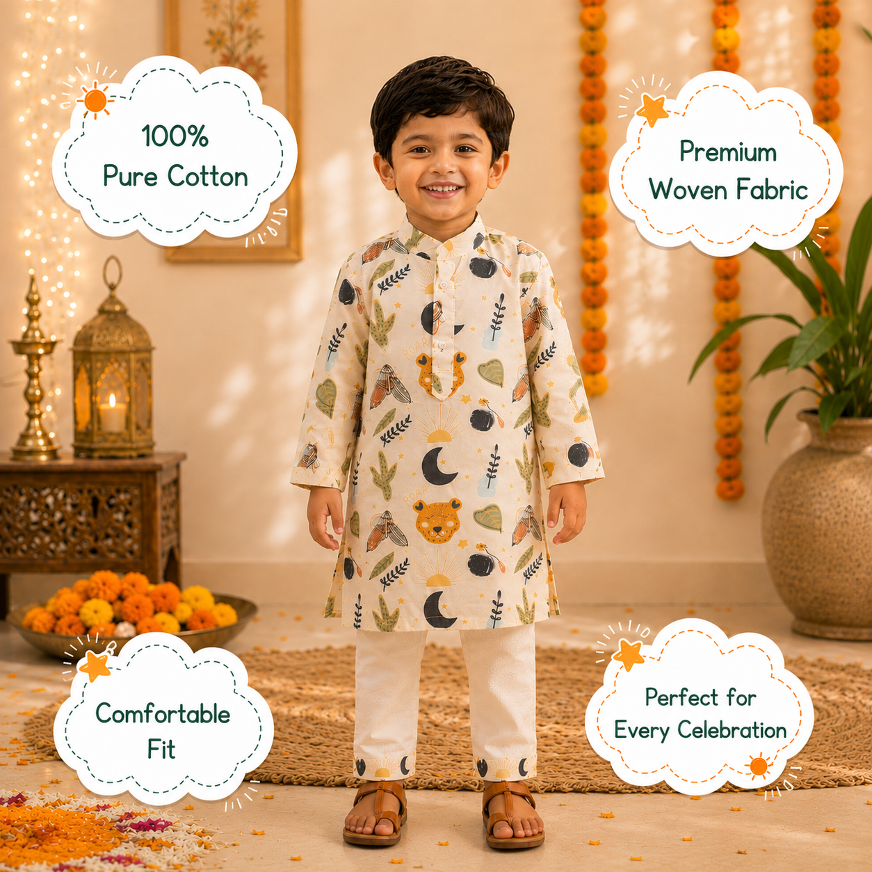 Wild Roar Cotton Kurta Pyjama Set for Kids