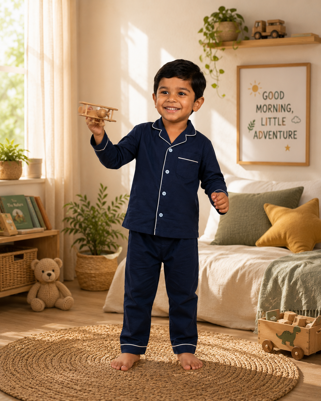 Navy Blue Cotton Pyjama Set for Kids | White Piping | Full Sleeve Night Suit | 1-14 Yrs