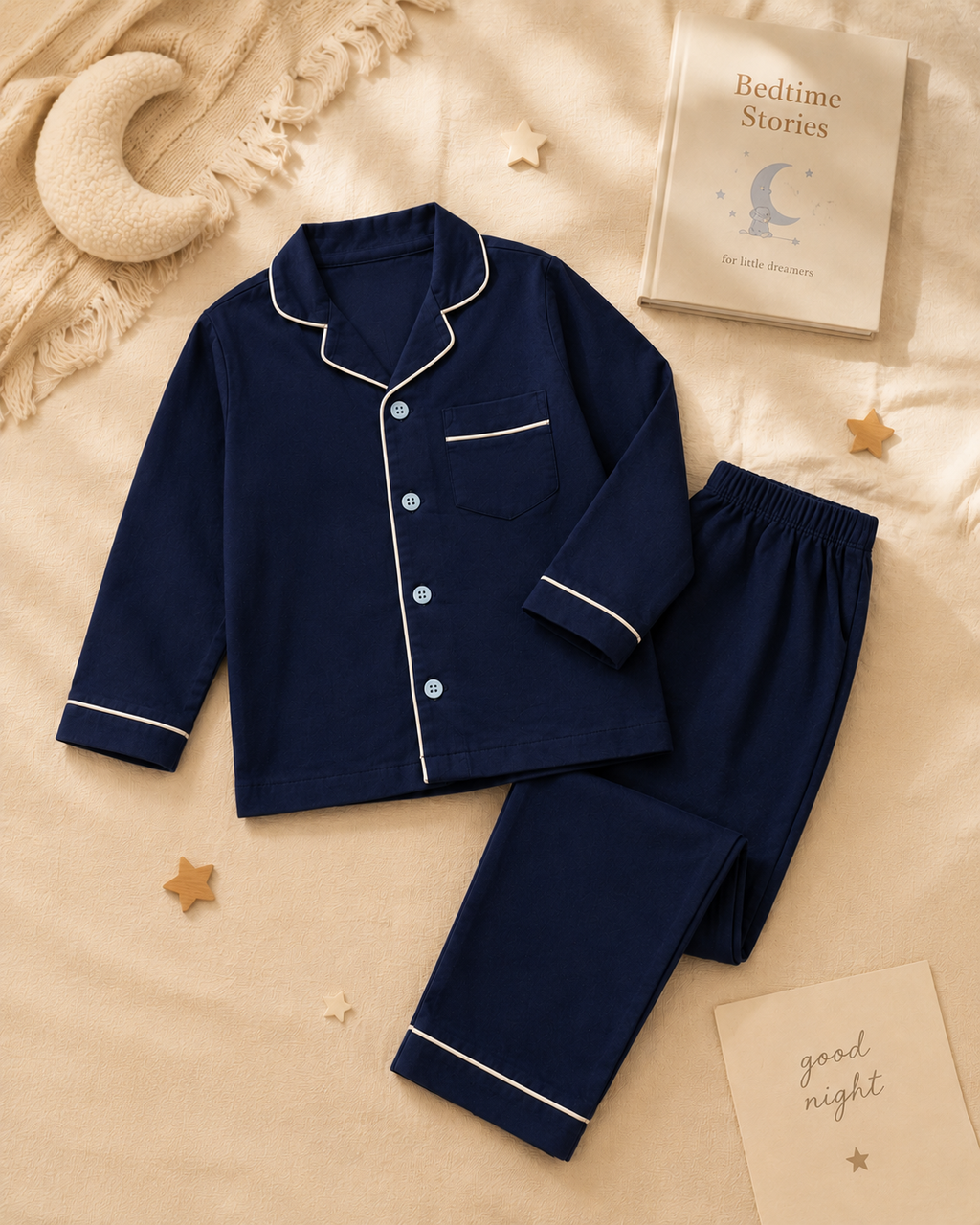 Navy Blue Cotton Pyjama Set for Kids | White Piping | Full Sleeve Night Suit | 1-14 Yrs