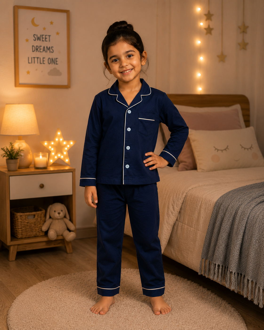 Navy Blue Cotton Pyjama Set for Kids | White Piping | Full Sleeve Night Suit | 1-14 Yrs