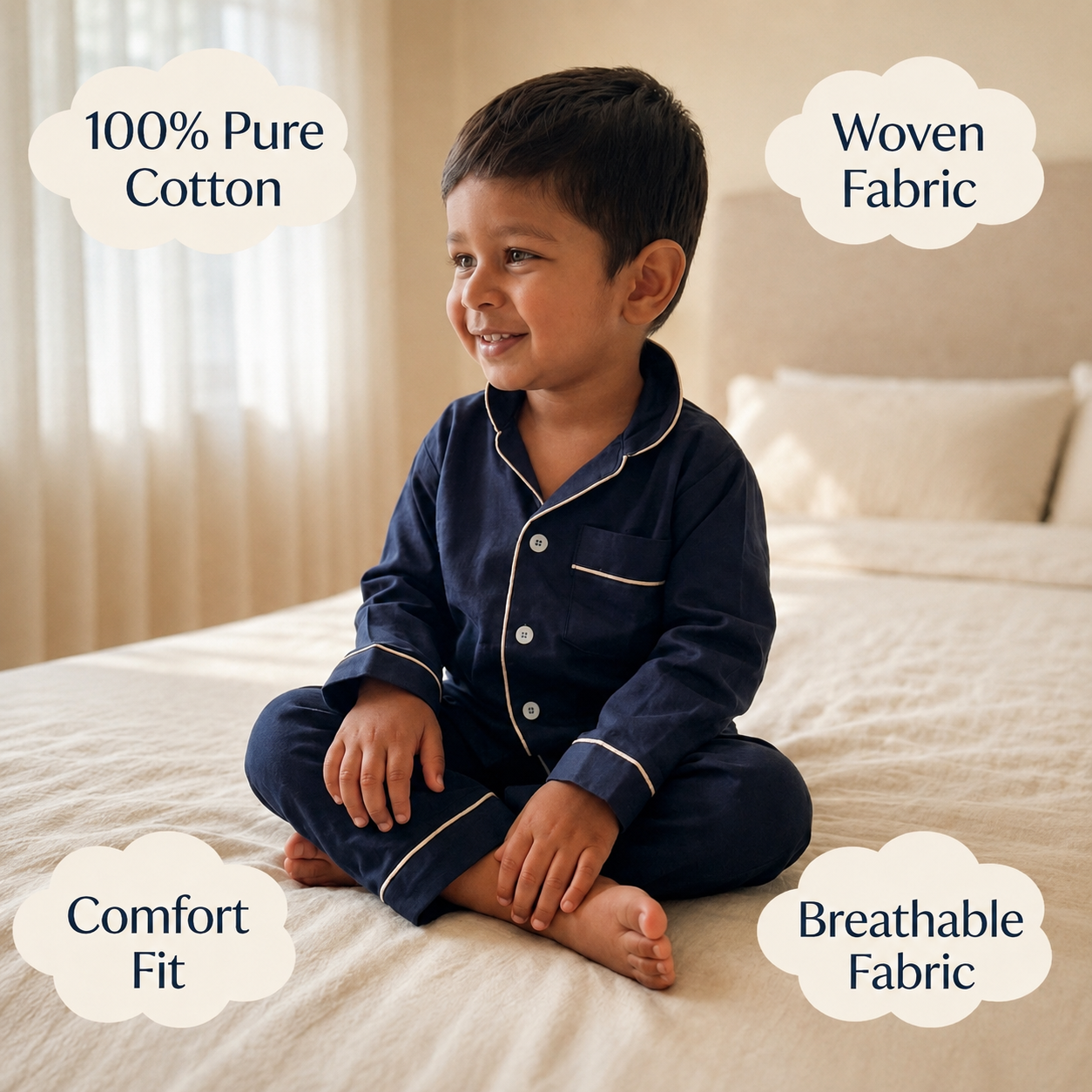 Navy Blue Cotton Pyjama Set for Kids
