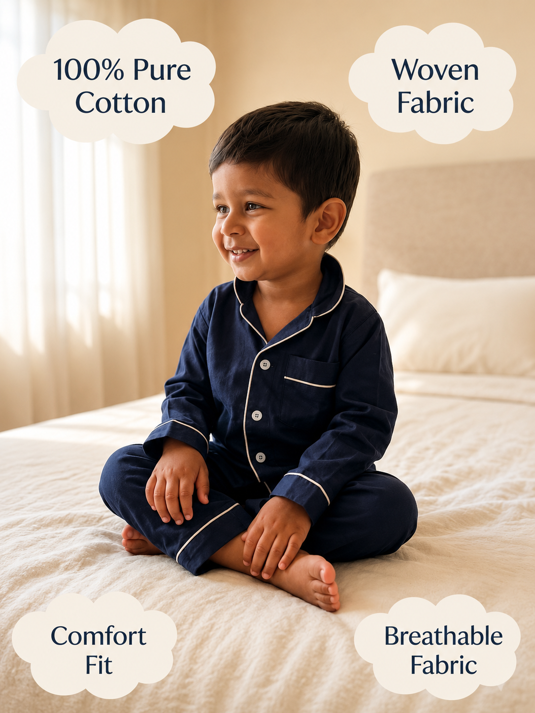 Navy Blue Cotton Pyjama Set for Kids