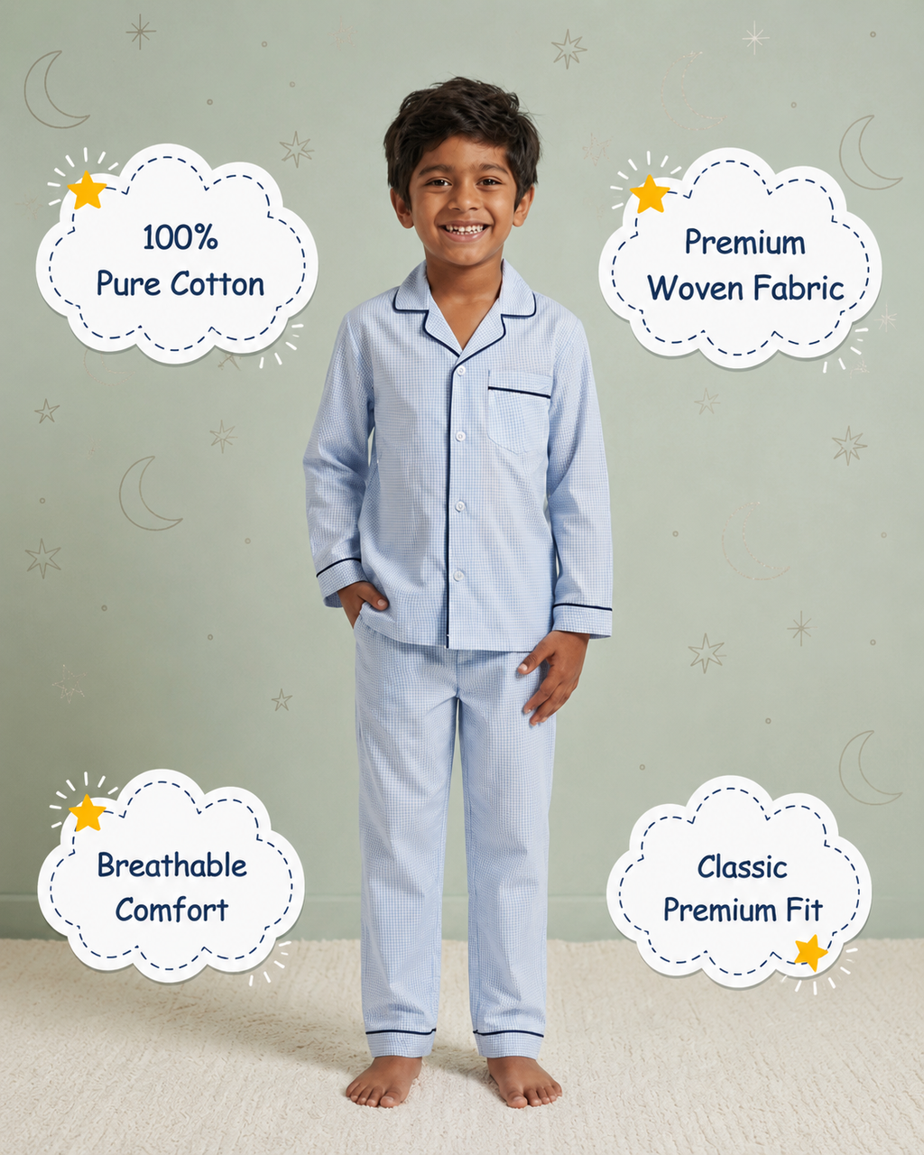 Blue Vintage Cotton Pyjama Set for Kids