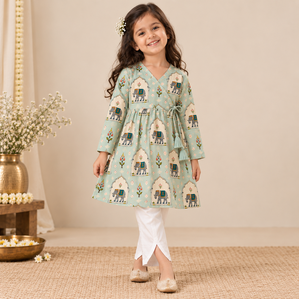 Elephant Mahal Angrakha Dress for Girls