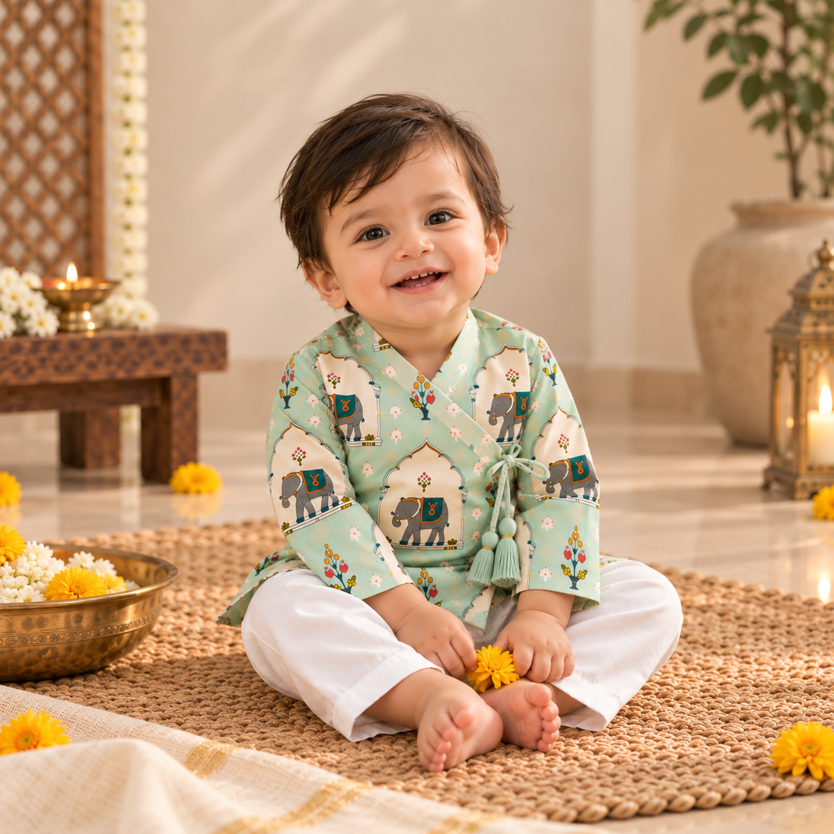 Elephant Angrakha Kurta Pyjama Set for Kids