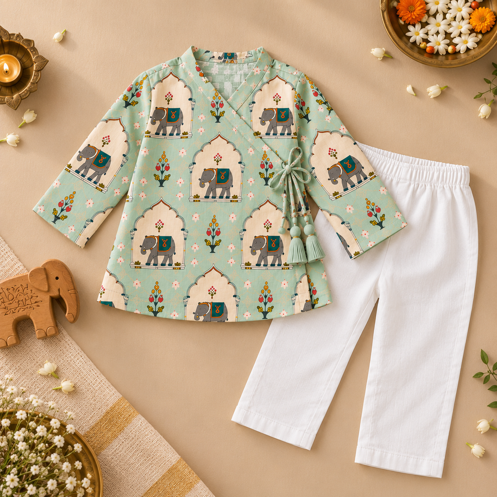 Elephant Angrakha Kurta Pyjama Set for Kids — view 2