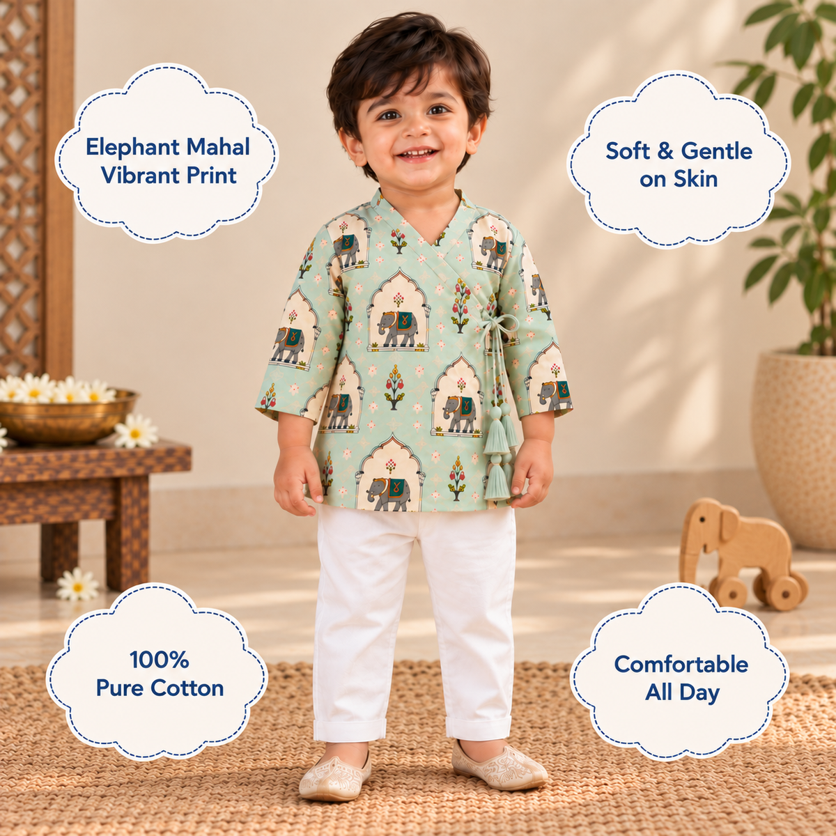 Elephant Angrakha Kurta Pyjama Set for Kids — view 3
