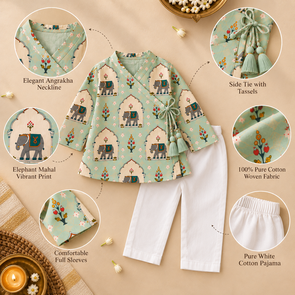 Elephant Angrakha Kurta Pyjama Set for Kids — view 4