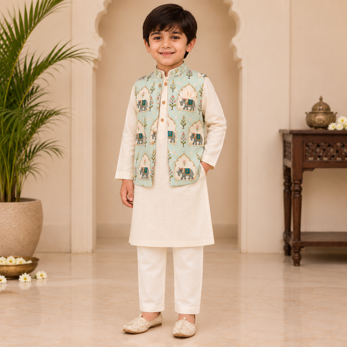 Elephant Mahal Kurta Jacket Set for Kids