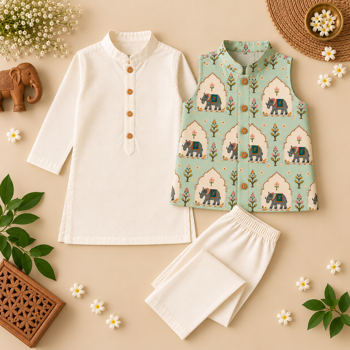 Elephant Mahal Kurta Jacket Set for Kids — view 3