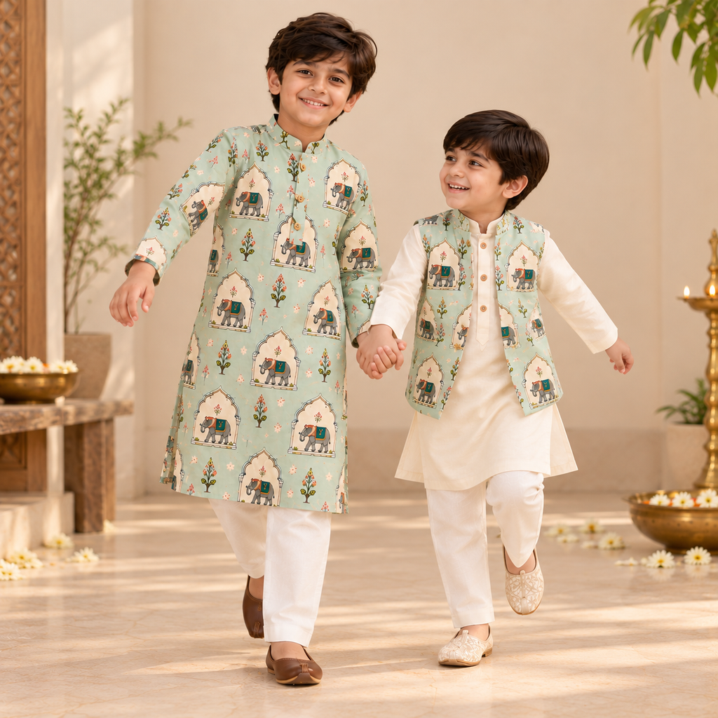 Elephant Mahal Kurta Jacket Set for Kids — view 4
