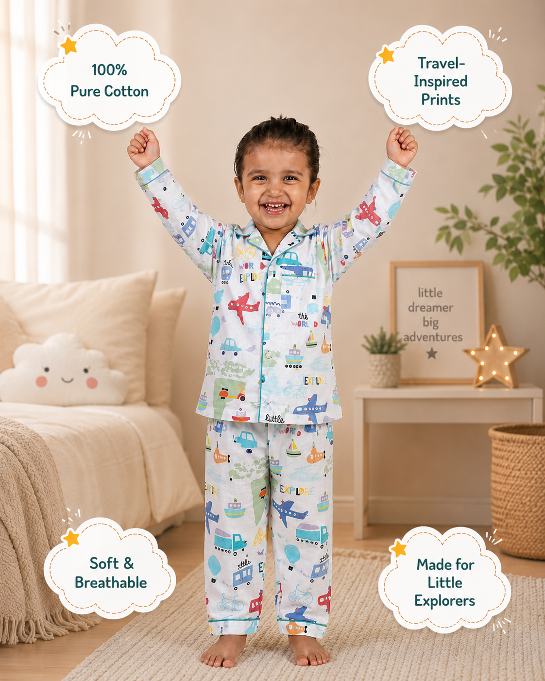 Little Explorer Cotton Pyjama Set for Kids | Full Sleeve Night Suit | 1-14 Yrs