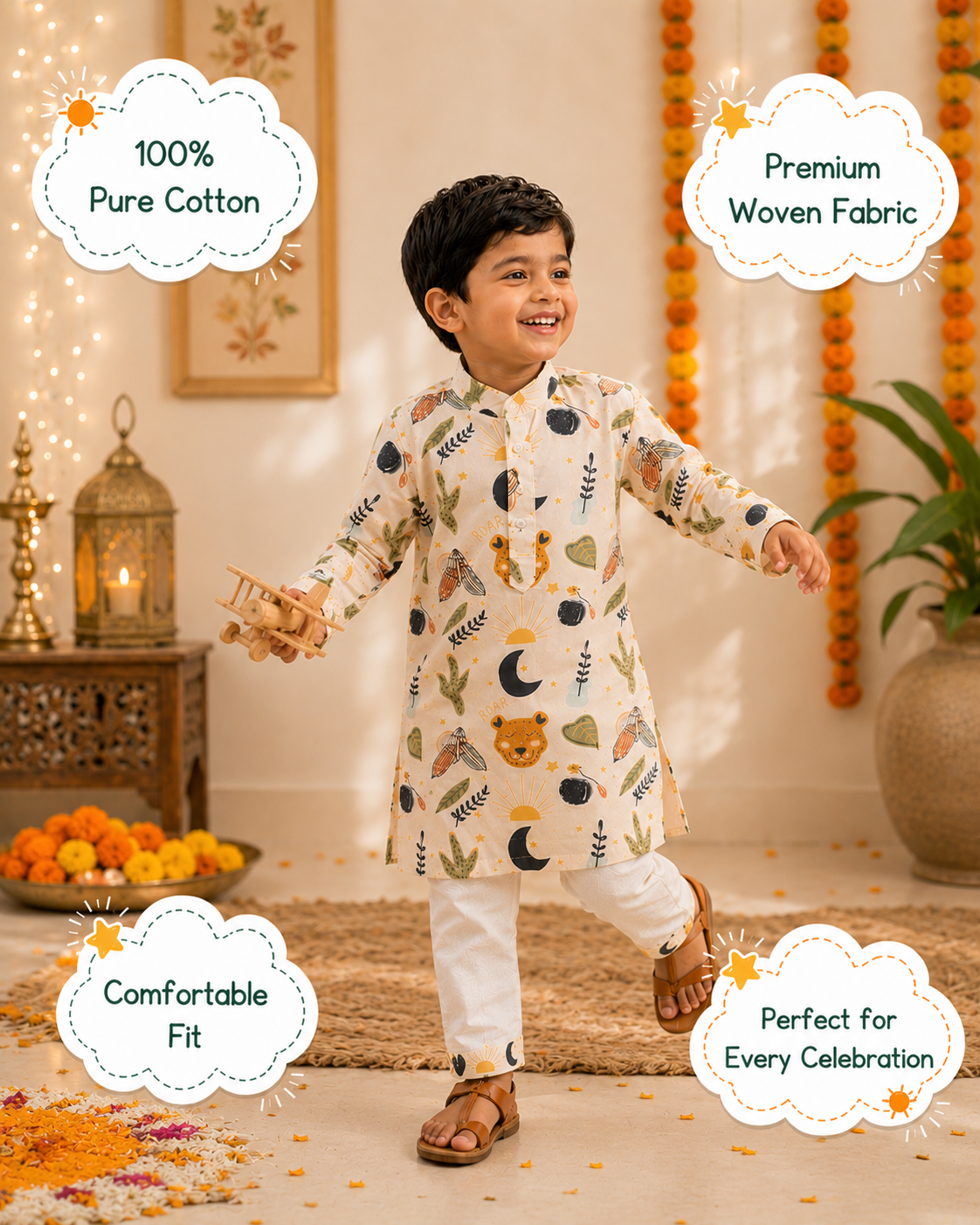 Wild Roar Cotton Kurta Pyjama Set for Kids | Traditional Wear | 1-14 Yrs