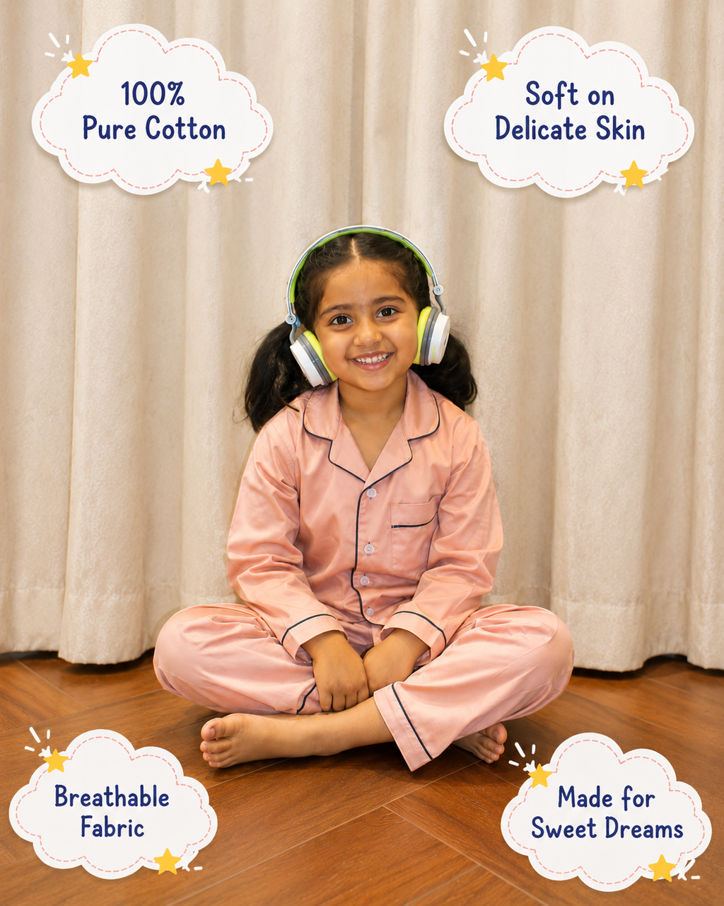 Peach Cotton Pyjama Set for Kids