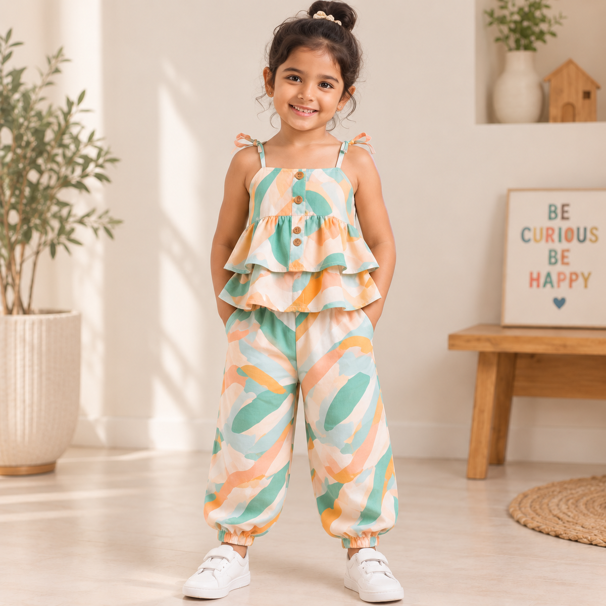 Rainbow Leaf Cotton Co-ord Set for Girls