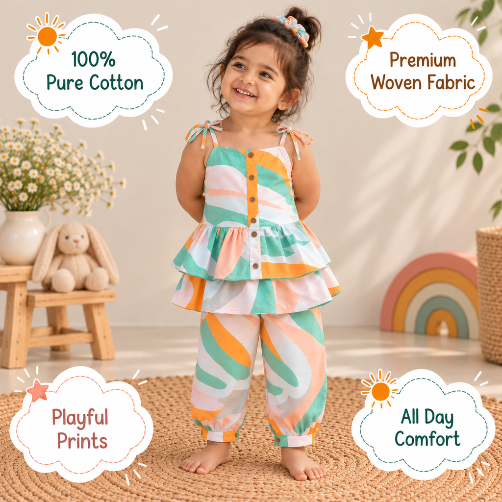 Rainbow Leaf Cotton Co-ord Set for Girls — view 2
