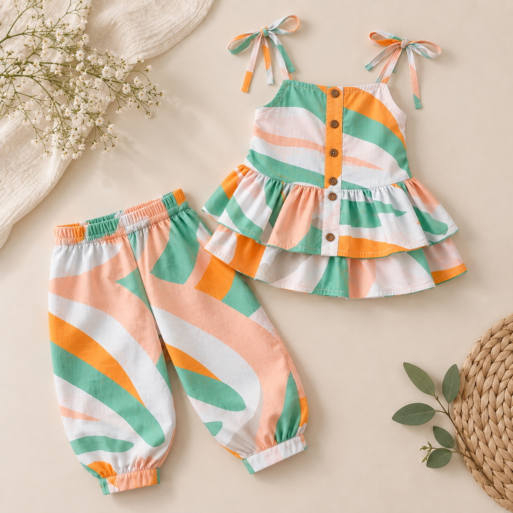 Rainbow Leaf Cotton Co-ord Set for Girls — view 3