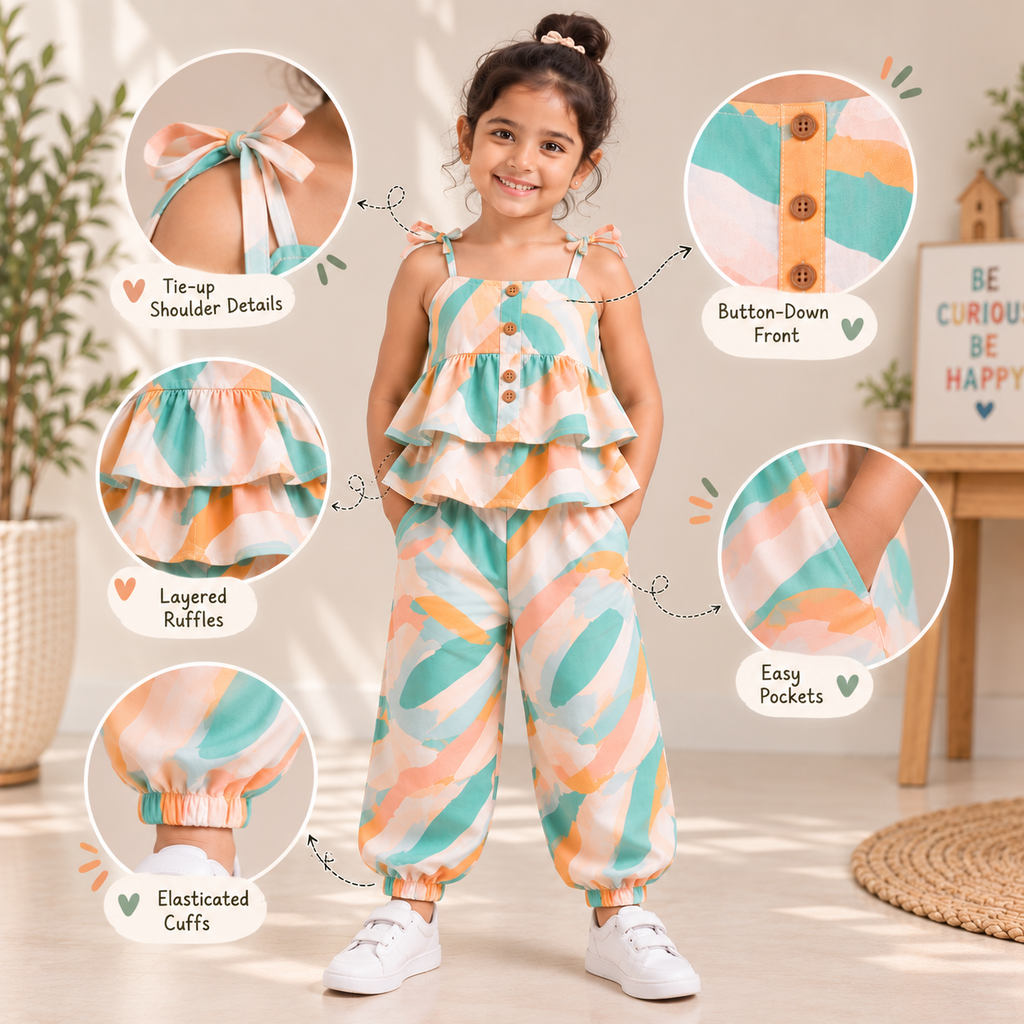Rainbow Leaf Cotton Co-ord Set for Girls — view 4