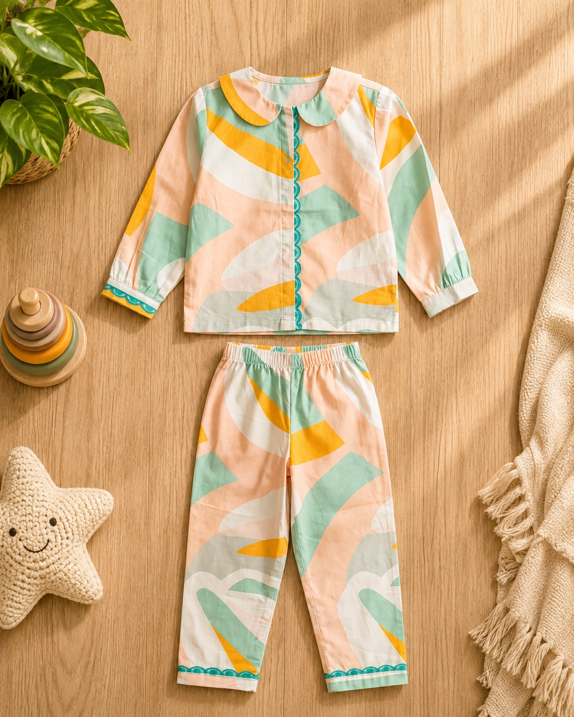 Rainbow Print Peter Pan Collar Cotton Coord Set for Girls — view 3