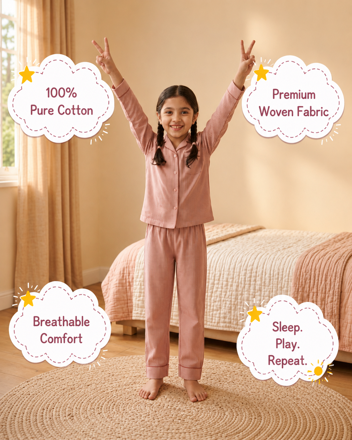 Red Check Cotton Pyjama Set for Kids