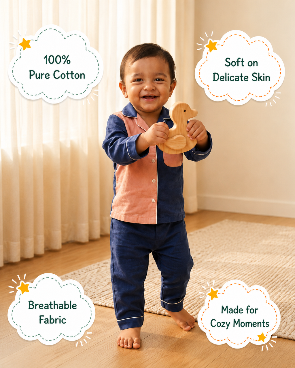 Twilight Blue & Peach Colour-Block Cotton Pyjama Set for Kids