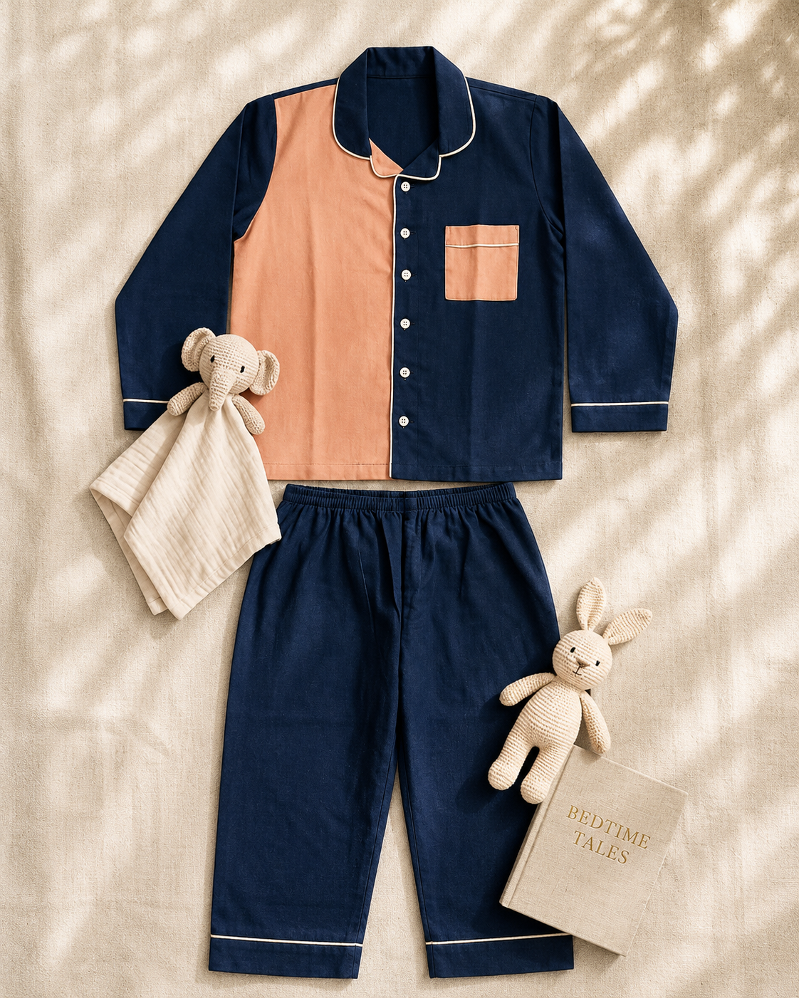 Twilight Blue & Peach Colour-Block Cotton Pyjama Set for Kids — view 2