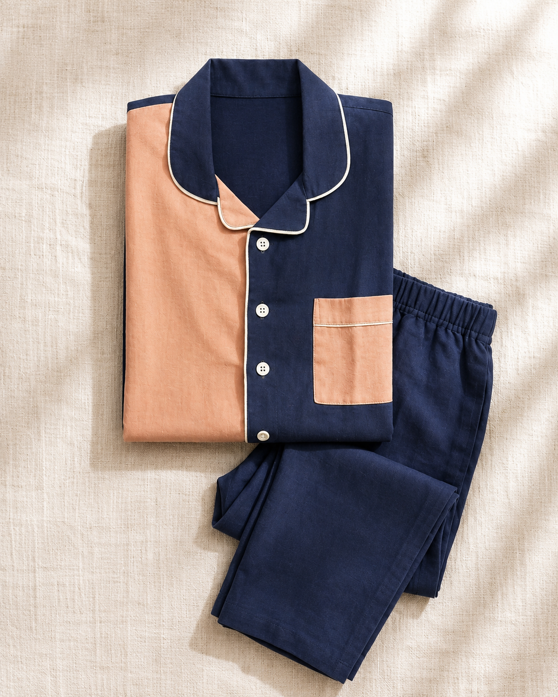 Twilight Blue & Peach Colour-Block Cotton Pyjama Set for Kids — view 3